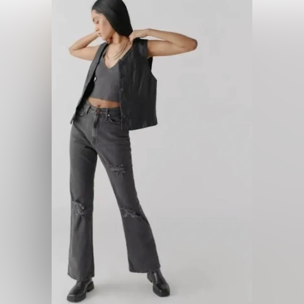 Urban Outfitters BDG Black Gray Distressed High Rise Stretch Flare Jeans Sz 27